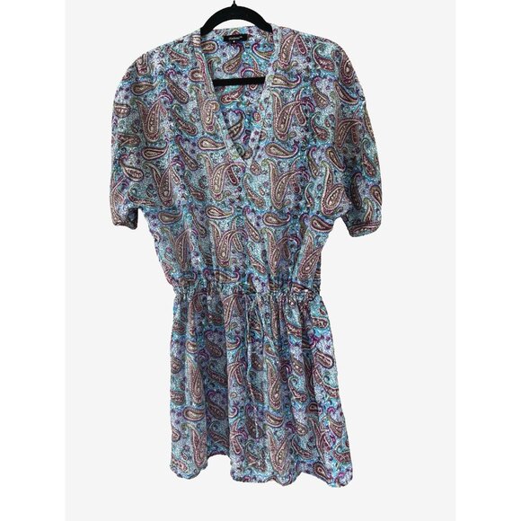 Tolani S Silk Colorful Paisley Tunic Drawstring Waist Coastal Preppy Boho V-neck - Picture 3 of 12